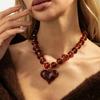 Salircon New Exaggerated Round Bead Love Heart Pendant Necklace Women Handmade Adjustable Resin Chain Choker Party Jewelry Gift