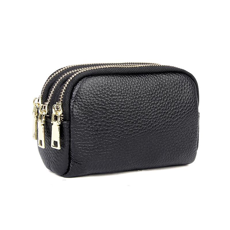 Women's Genuine Leather Three-Zipper Coin and Key Clutch