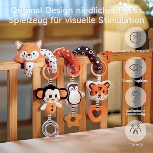 Kontrast Black White Spiral Baby Toy 0-9 Months Fox Activity Spiral for Car Seat, Plush Hanging Toy with Rattles Teether for Baby Backseat