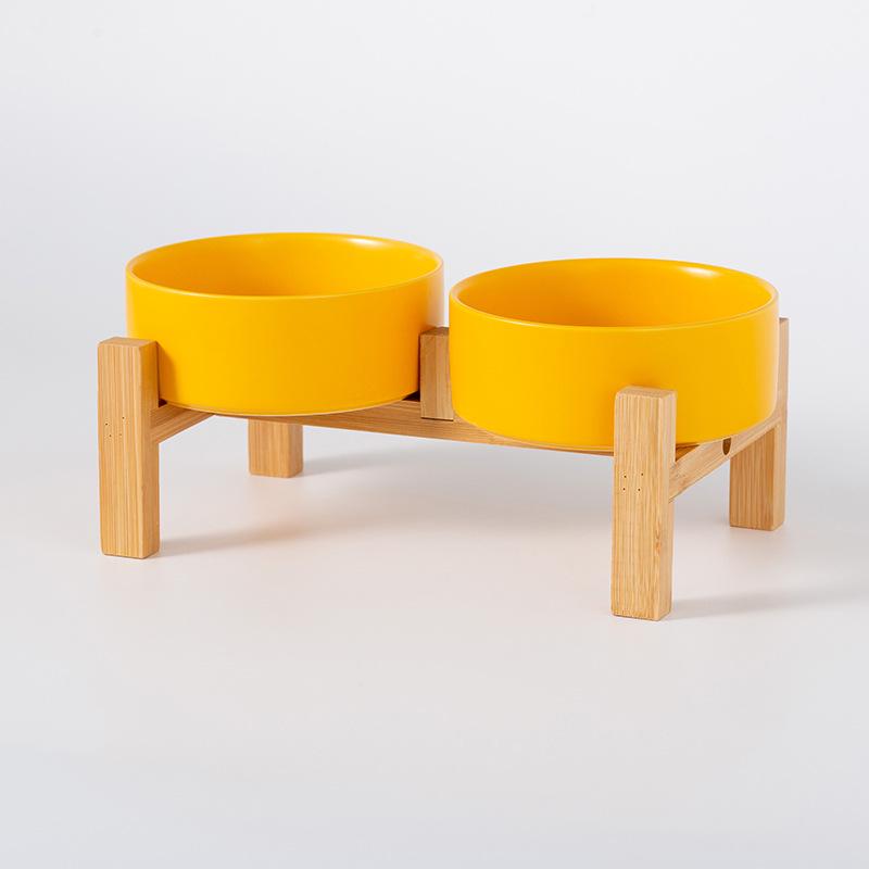 Ceramic Pet Food Bowl with Elevated Bamboo Stand - Anti-Tip Design for Dogs and Cats, Protects Cervical Spine