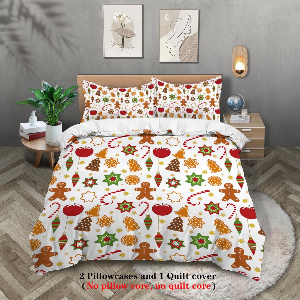 3-piece Christmas Cute Gingerbread Man Pattern Print (1 duvet cover+2 pillowcases, no core) Comfortable Bedding Set