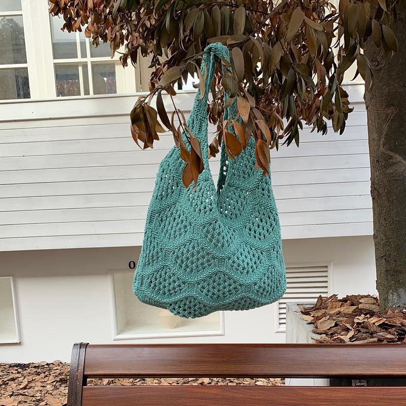 Polyester Knit Shoulder Bag for Women Diamond Hollow Out Woven Tote Purse Soft Handbag Casual Daily Commute Bag KTB