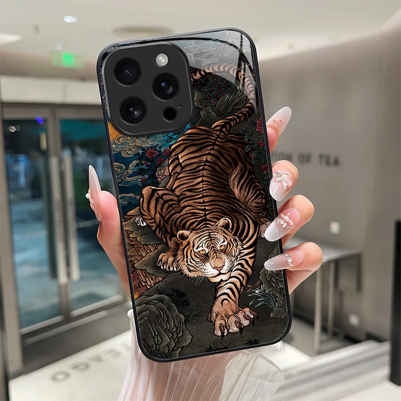 Für iPhone 16 15 Pro Max Plus 16E SE 2025 Gehärtetes Glas Handyhülle Coole Cartoon Tiger Drache Kameraschutz Harte Rückseite