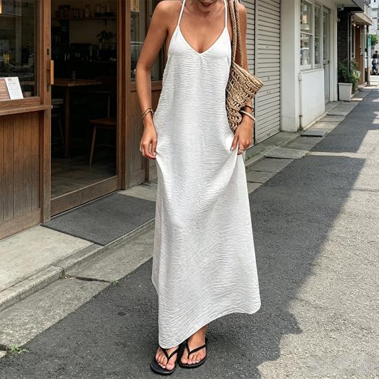 Abito Sexy da Donna Senza Schiena Scollo a V con Laccetto Senza Maniche Maxi Abito Estivo da Spiaggia Abito Lungo Ampio