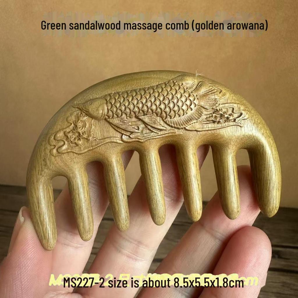 Green Sandalwood Carved Portable Scalp Massage Comb for Women