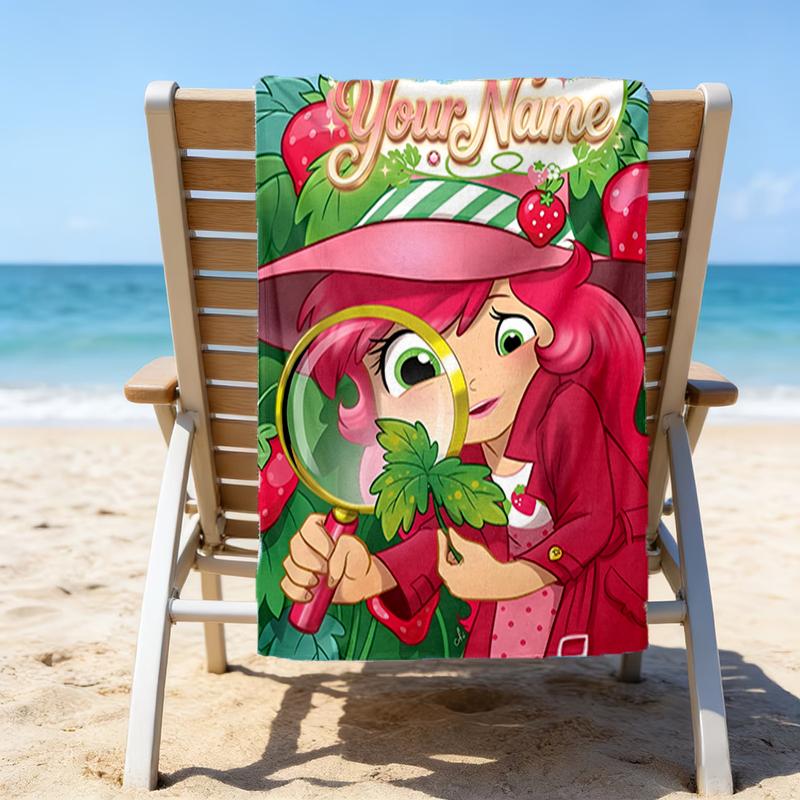 1pc Princess Strawberry Beach Towel with Custom Name, Beach and Seaside Swimming Pool Equipment, Fashion Pattern, Rectangular, Travel Essential