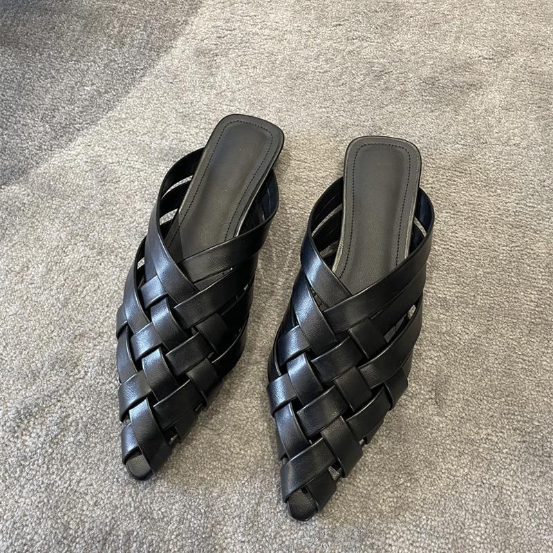 Spot Second Hair~ Leather Pointed Head Bag Head Hollow Woven Half Slippers Women's Summer Flat Bottom Sandals Muller Shoes Sandals