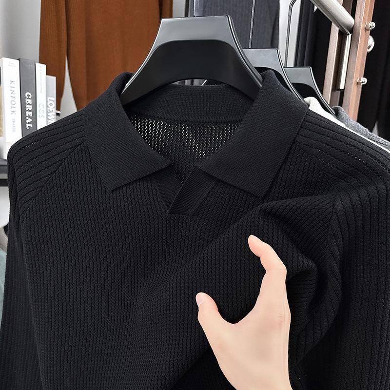 Pure Cotton Long-Sleeve Knit Polo Shirt For Men, Spring/Autumn Trendy Versatile Scissor Collar Base Layer, Elegant Top