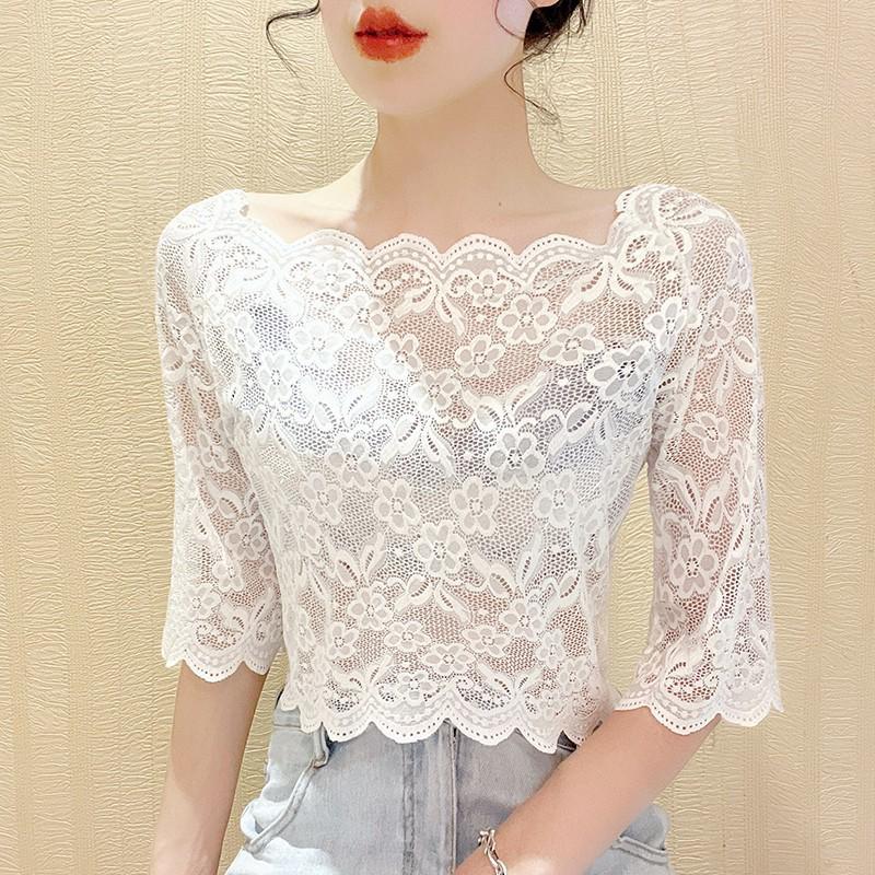 Women's Lace Base One-Shoulder Top: Stylish Spring-Autumn Blouse with Wave Edge and Exposed Collarbone Design