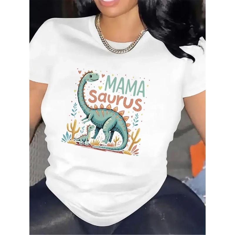 Mama Saurus Dinosaur Mom Print Tee Black & White Round Neck Casual Top