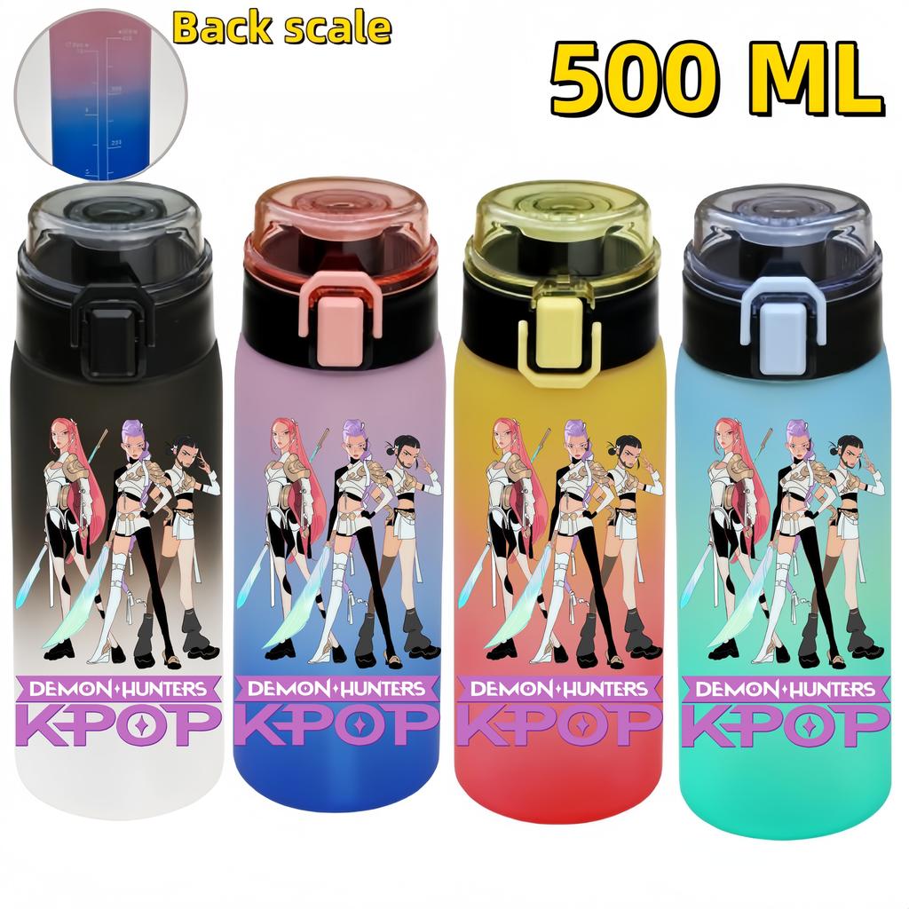 KPop Demon Hunters Sports Water Bottle Portable Leak Proof Plastic Cup Level Line Outdoor Fitness 500ML with for Kid Friendly Entertaining Fun Play