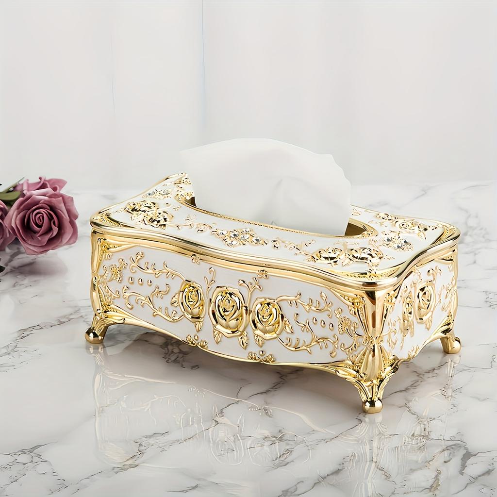 [Rose Pattern Tissue Box] Golden-plated Luxurious Tissue Box - Rose Pattern, European and American Style - Suitable for Multiple Rooms and Occasions