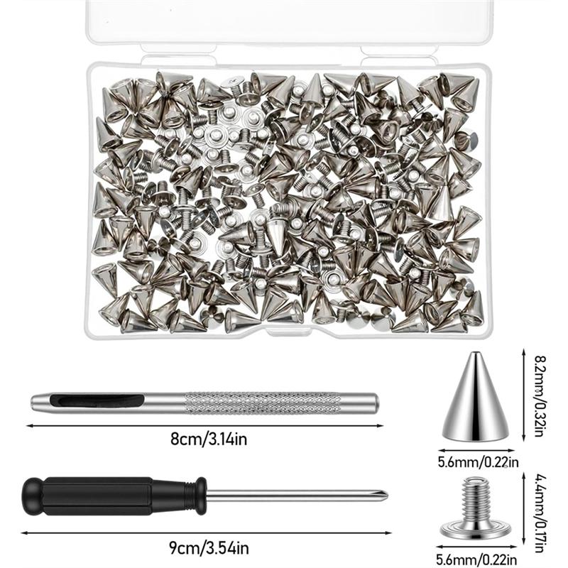 Tree Spike Set 200 Pcs Metal Cone Spikes Punk Spikes Studs Kit Screwback Studs For DIY Leathercraft Decoration