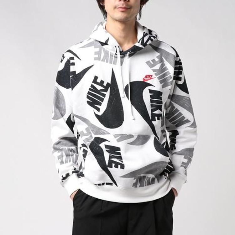 Nike Street Style Graffiti Print Mixed Hook Fleece-Lined Hoodie Men Tops Black White CJ6313-010