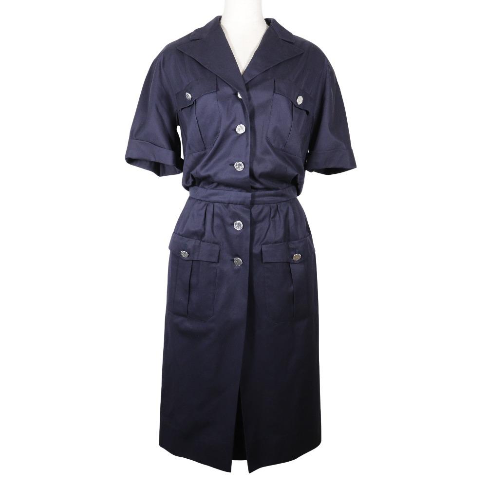 

CHANEL Shirt-style dress one piece coco chanel button vintage Navy blue cotton Women Used