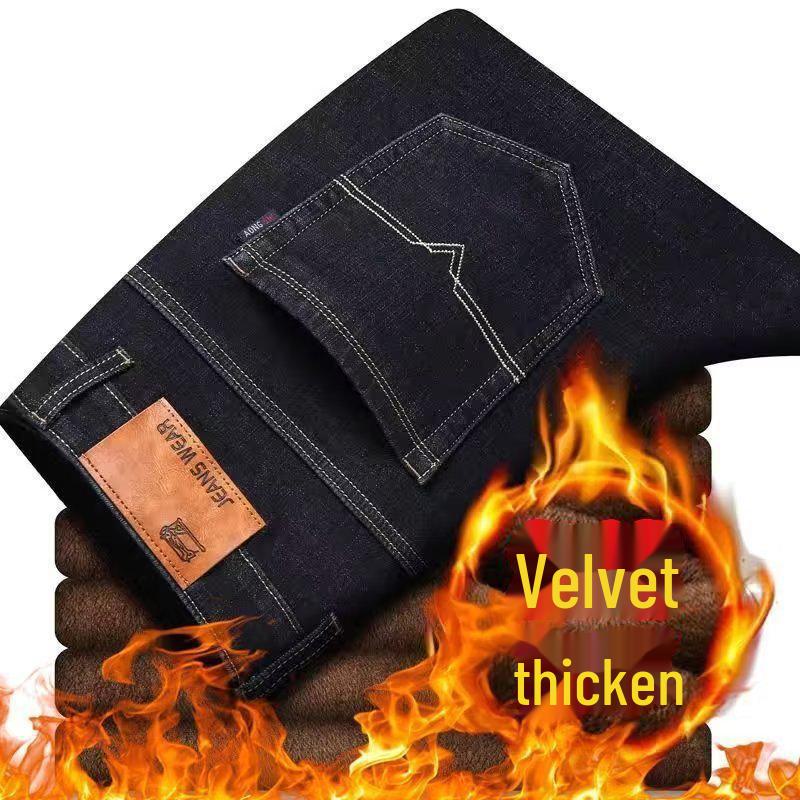 Men's Plush Thick Straight Jeans: Warm, Loose-Fit, Cold-Proof Outdoor Pants for Fall and Winter