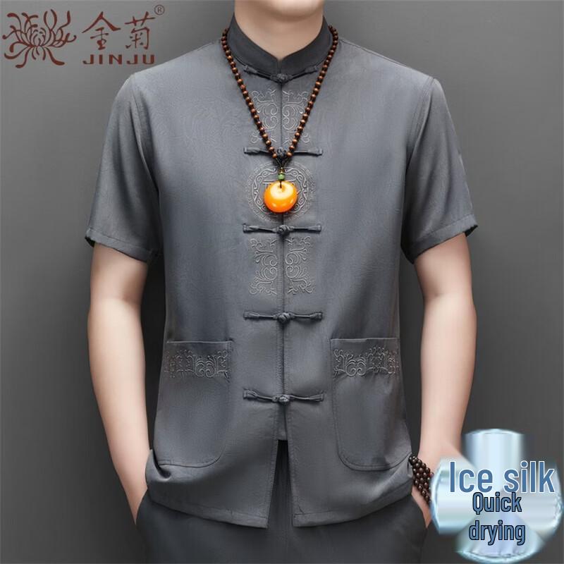 Men s Ice Silk Short-Sleeve Stand Collar Tang Suit Shirt 170