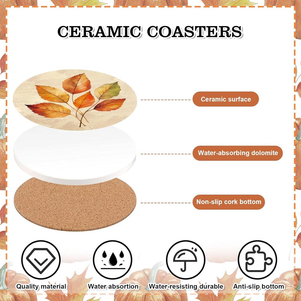 4Pcs Fall Thanksgiving Coasters Vintage Autumn Leaves Ceramic Coasters Absorbent Harvest Cup Mat for Mugs Cups Home Kitchen Office Party Table Decor