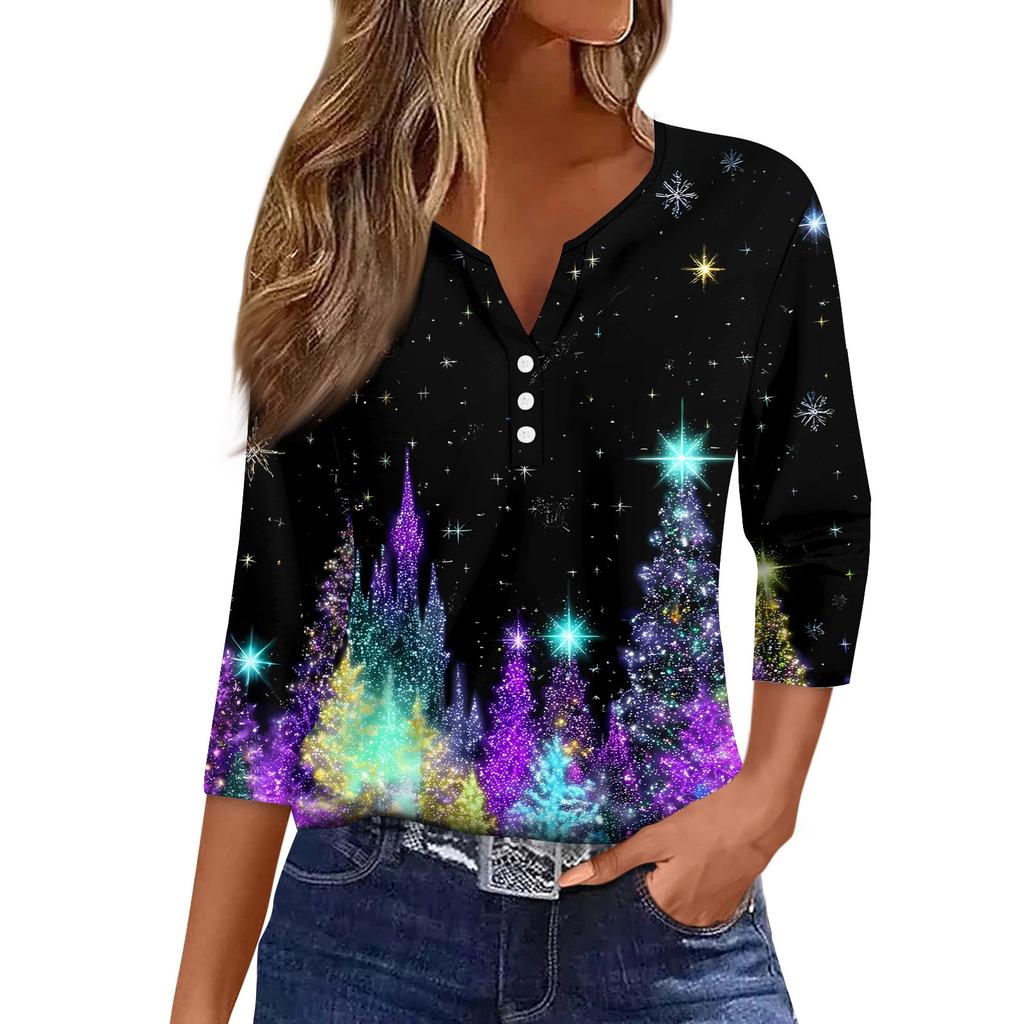 Women's T Shirt Christmas Print Button 3/4 Sleeve Daily Weekend Fashion Basic V- Neck Regular Top