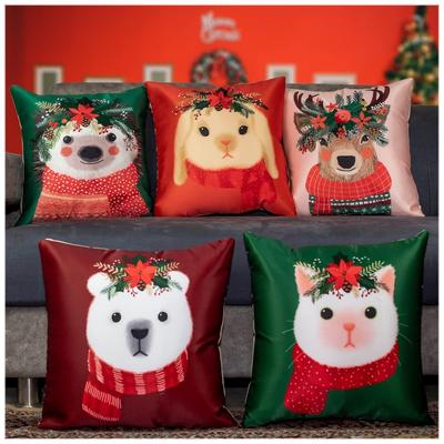 Decorative Merry Christmas Satin Cushion Cover 20 Inch X 20 Inch Set of 5, 20X20 Cushion Cover, Cute Festive Animal