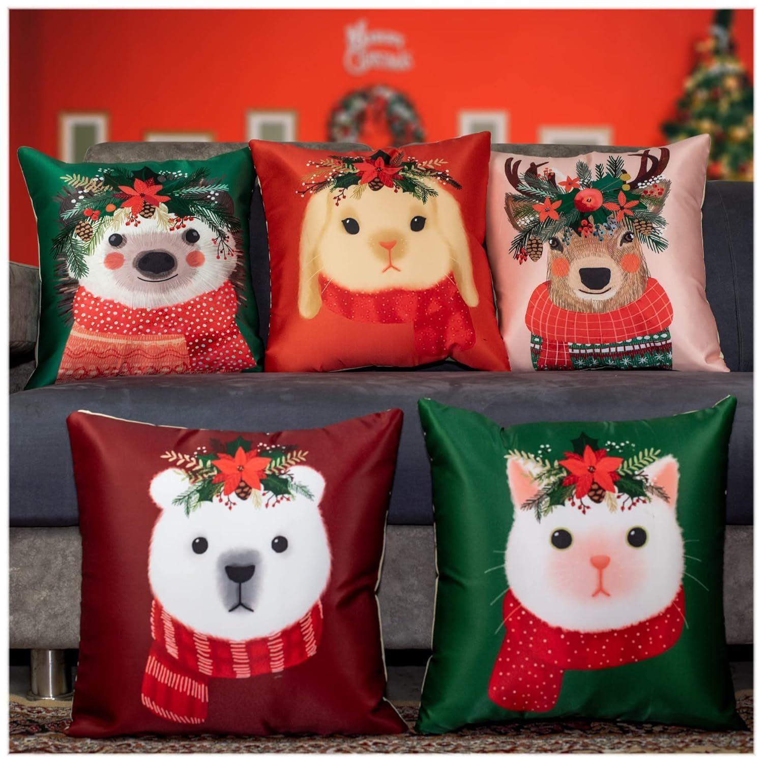

Decorative Merry Christmas Satin Cushion Cover 20 Inch x 20 Inch Set of 5, 20X20 Cushion Cover, Cute Festive Animal 20 x 20 Inch (Pack of 5)
