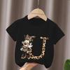 Mouse Leopard Letter A B C Name Print Unisex Women Tops Kids Tshirt Clothes Black Short Sleeve Black T Shirt