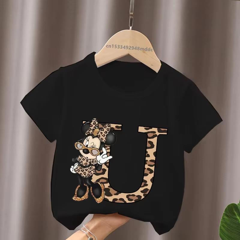 Mouse Leopard Letter A B C Name Print Unisex Women Tops Kids Tshirt Clothes Black Short Sleeve Black T Shirt