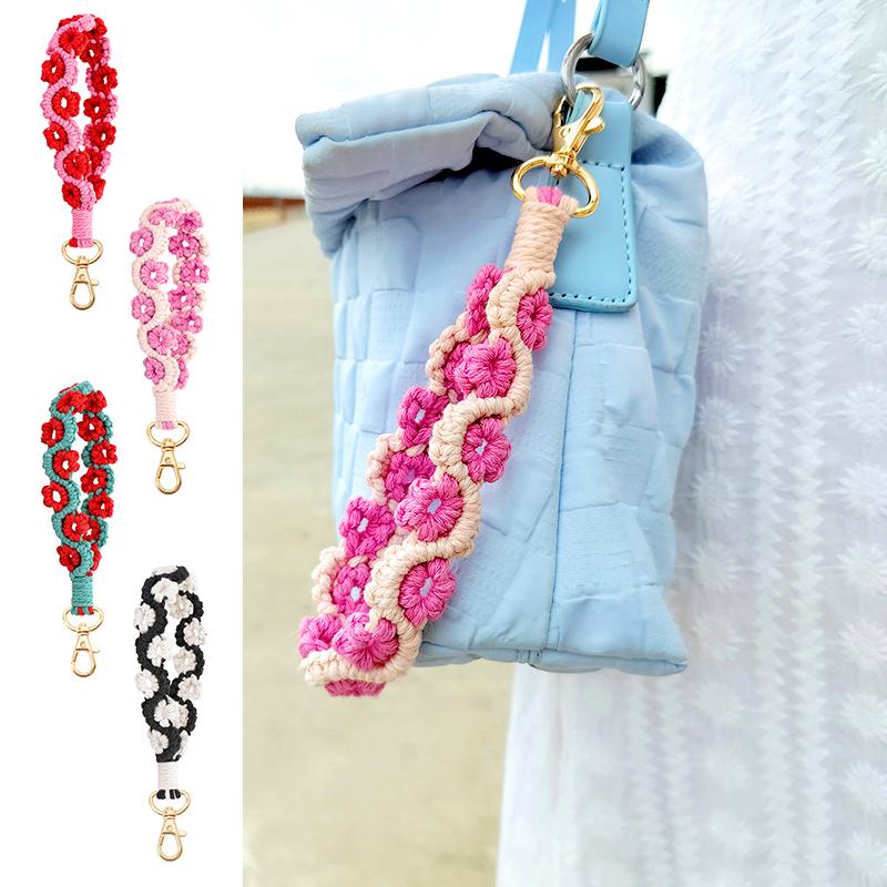 1Pc Bag Decoration Bohemia Knitted Keychain Grace Rose Pendant Prevent Loss Wrist Strap Mobile Phone Lanyard Hand Woven