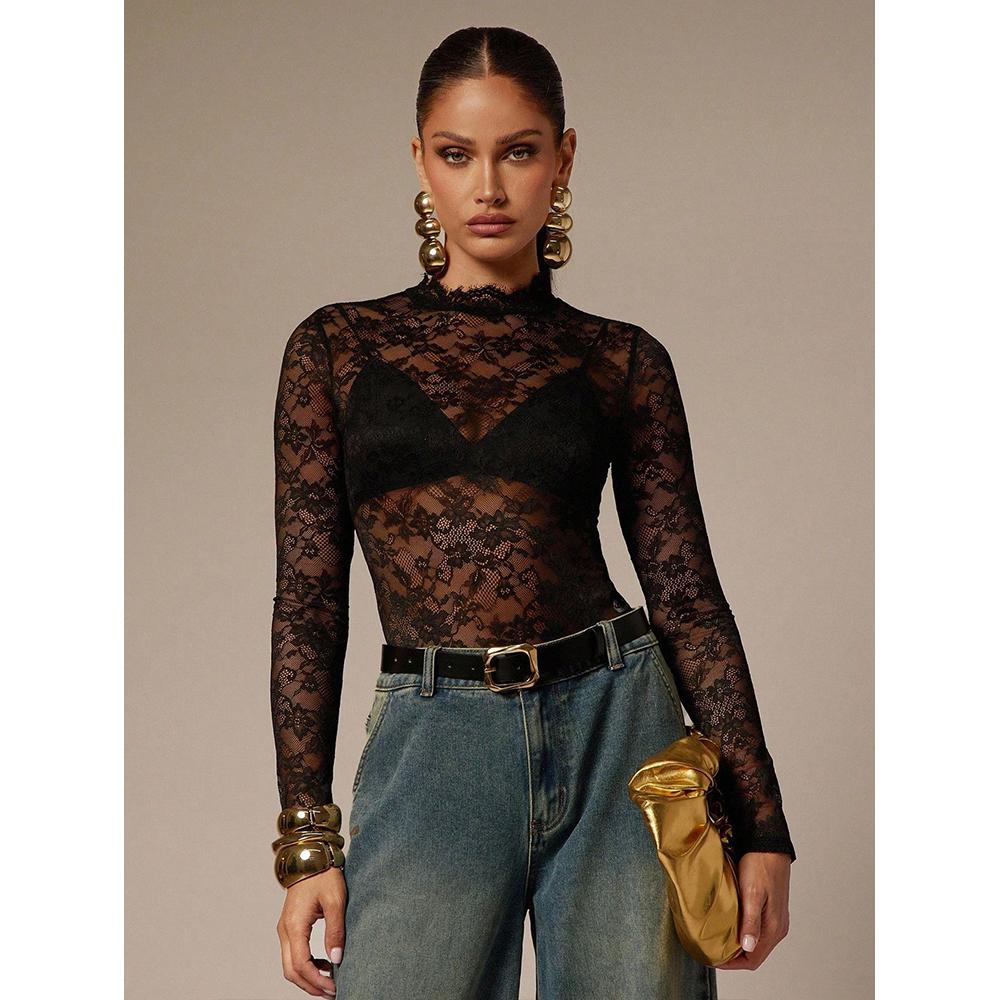 Dámský krajkový síťovaný průhledný body s květinovým vzorem, s rolákem, dlouhým rukávem, průhledný trikot