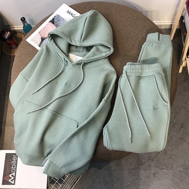 Autumn Winter New Suit Thickened Velvet Pullover Hooded Women's Suit Sports Casual Long Pants Hoodies Two-piece Set