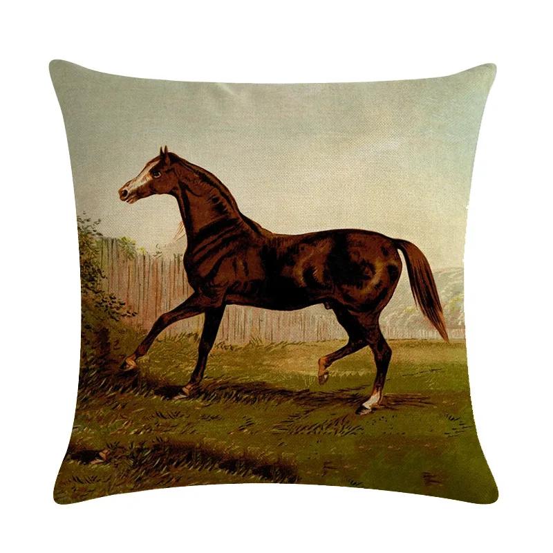Retro Nostalgische Kunst Pferde-Druck Dekorative Kissenhülle Baumwolle Leinen Haus Auto Sofa Kissenbezug Heimdekoration 45X45cm