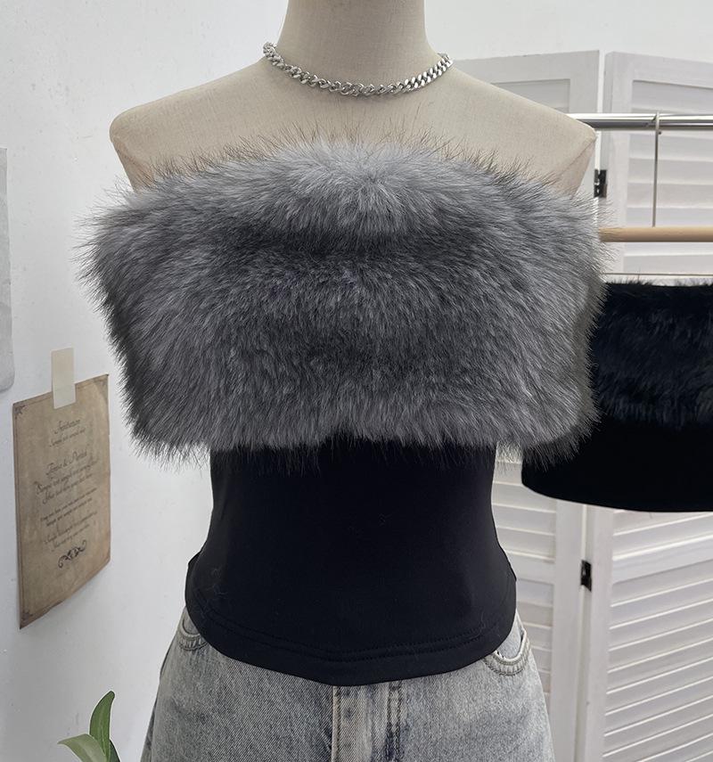

American Spicy Girl Fluffy Spliced Elastic Crop Top with Back Zipper One Size