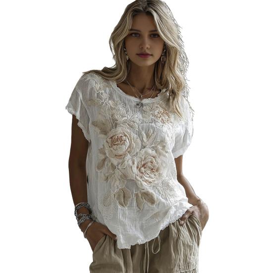 

Women Tops Round Neck Short Sleeve Retro Floral Art Print Pullover Tops Loose Fit Soft Fabric Casual Summer Shirt S