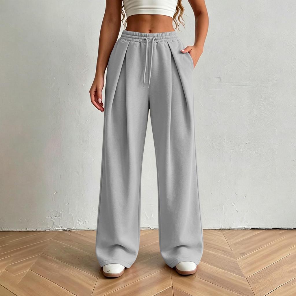 Women’s Fashion Loose Fit Elastic High Waist Drawstring Pocket Sports Casual Pants for Daily Wear and Activities