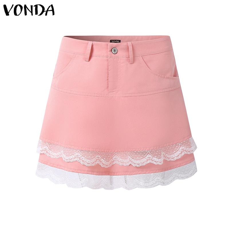 VONDA Summer Women Button Zip-up Waist Lace Patchwork Ruffled Casual Mini Skirts