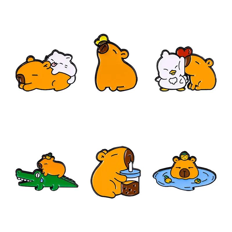 6pcs Cute Cartoon Capybara Enamel Brooch Creative Animal Duck Alloy Lapel Pin Badge Backpack Clothing Hat Accessories