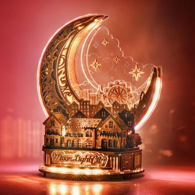 FUNPOLA Wooden 3D Night DIY Craft Decorative Gift for Adults and Moonlight 85 Pieces Puzzle, Puzzle, Light, Kit, Model, Kids, City, (Deep Color)