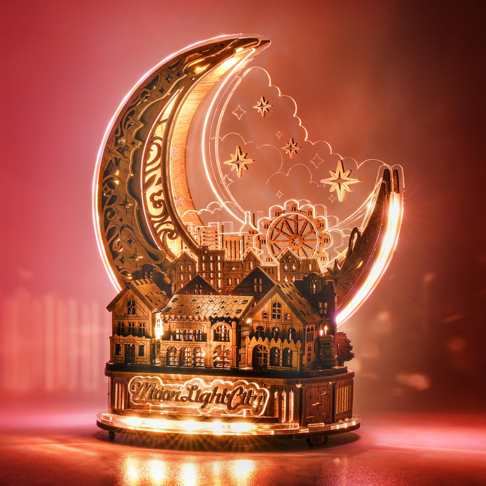 

FUNPOLA Деревянный 3D Ночной DIY Крафт Декоративный Подарок для Взрослых и Moonlight 85 Деталей Пазл, Пазл, Свет, Набор, Модель, Дети, Город, (Глубокий цвет)