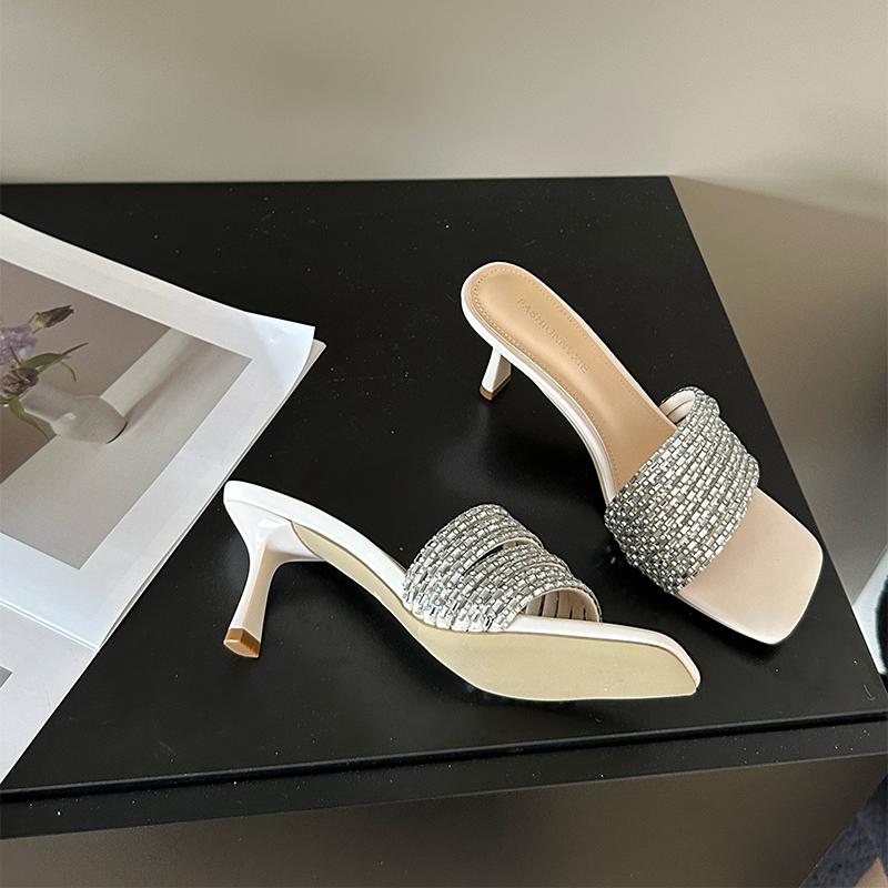 Fashion 2024 Women's Sandals Summer Crystal Belt High Heels Black Women's Slippers Sexy Luxury Square Toe Party Sandals