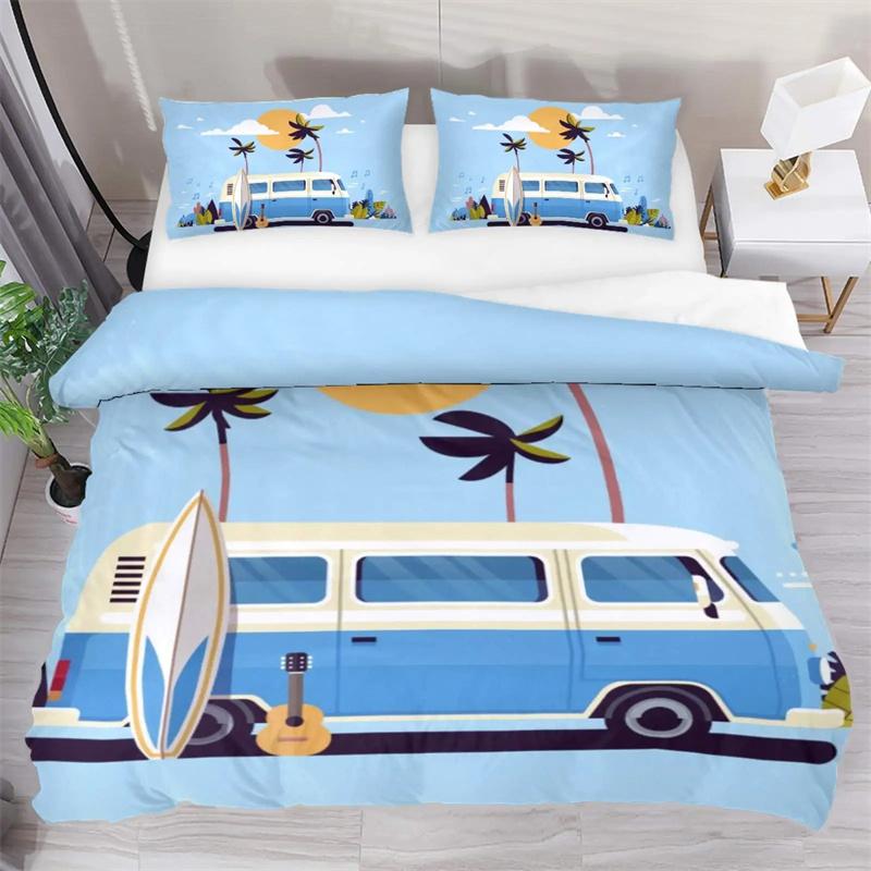 Surf Duvet Cover Hippie Classic Old Bus Surfboard Freedom Holiday Exotic Life Sketchy Art Yellow Orange Room Decor for Women Men