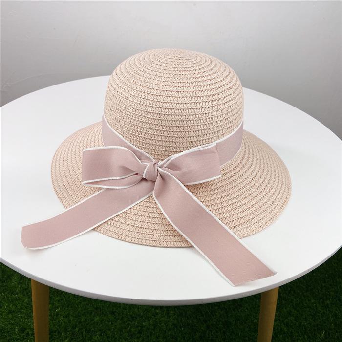Hat women's spring summer versatile travel ribbon bow streamer big eaves hat sun protection big edge straw hat