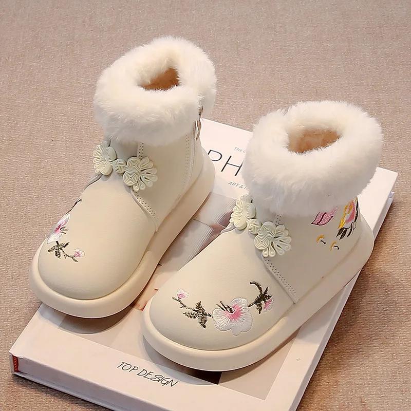 Kinder Schneestiefel für Winter Süße Mädchen Prinzessin Schuhe mit Fell Rutschfest 2024 Neue Mode Kinder Warme Stiefel Bestickt Elegant