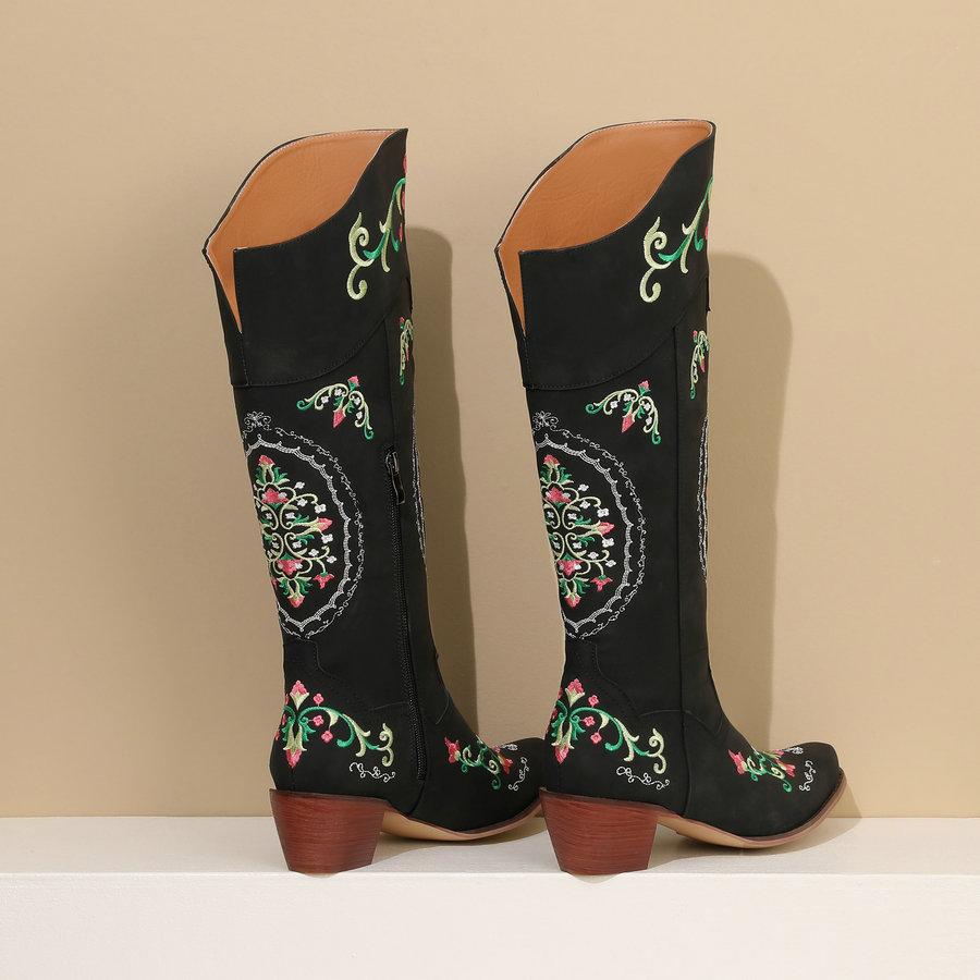 Cowgirl Westernstiefel Damen Stickerei Cowboy Stiefel für weite Wade 2024 Klobige Mittelhohe Absätze Schuhe 4 Jahreszeiten Reißverschluss PU Schuhe
