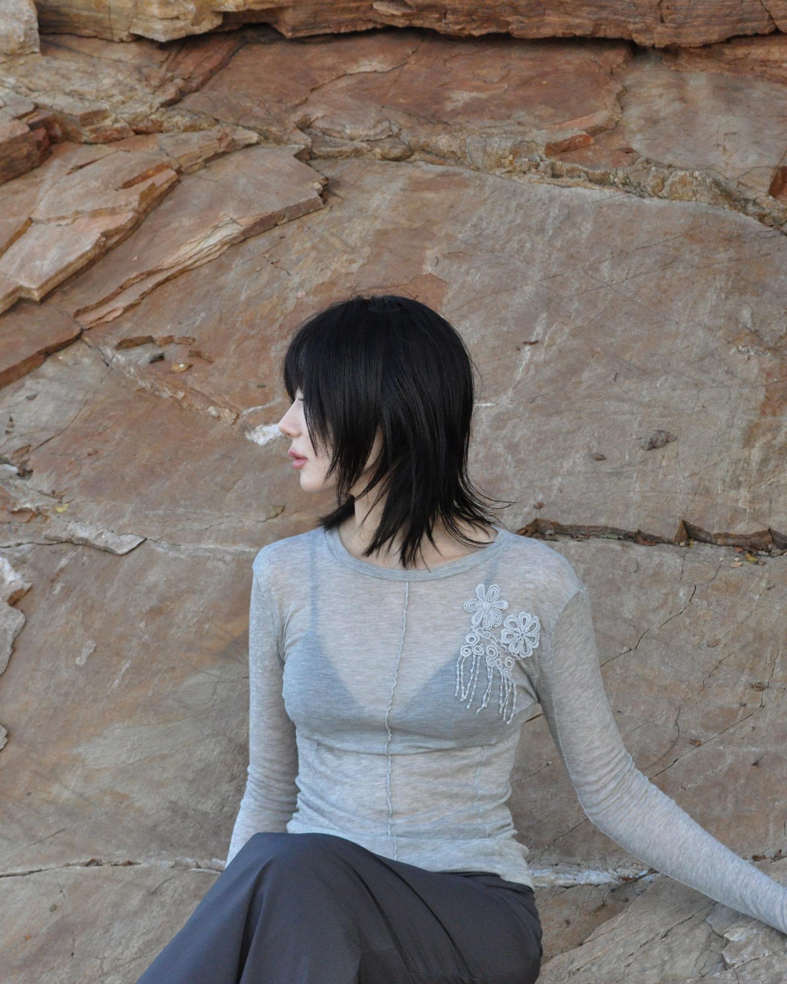 Tud Lace Detail Long Sleeve Grey Gray