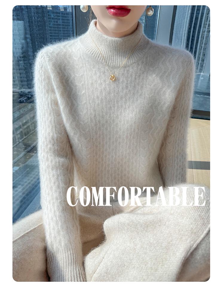 Women's Loose Cable Knit Cashmere Sweater - Double-Ply Wool, Double-Layer Collar, Base Layer for Autumn/Winter