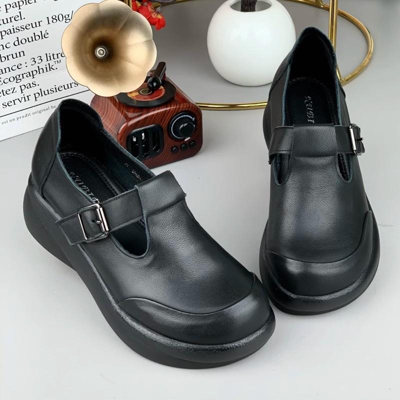 Leather Wedge Single Shoes Women's Spring Cowhide Versatile Solid Color Middle-aged and Elderly Leather Shoes Retro Round Head Platform Women's Shoes