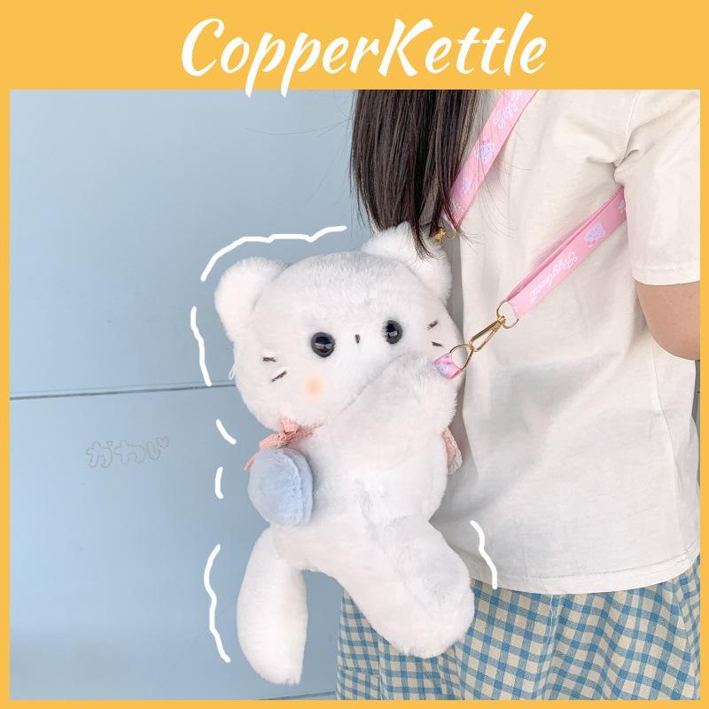 White Cute Scarf Cat Plush Doll Cartoon Shoulder Bag With Detachable Strap
