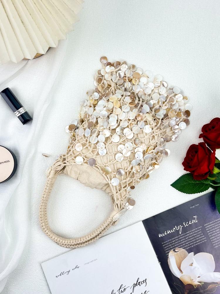 Bohemian Style Natural Shell Piece Woven Armpit Bag Women Casual Seaside Beach Vacation Handmade Bead Tassel Mesh Handbag