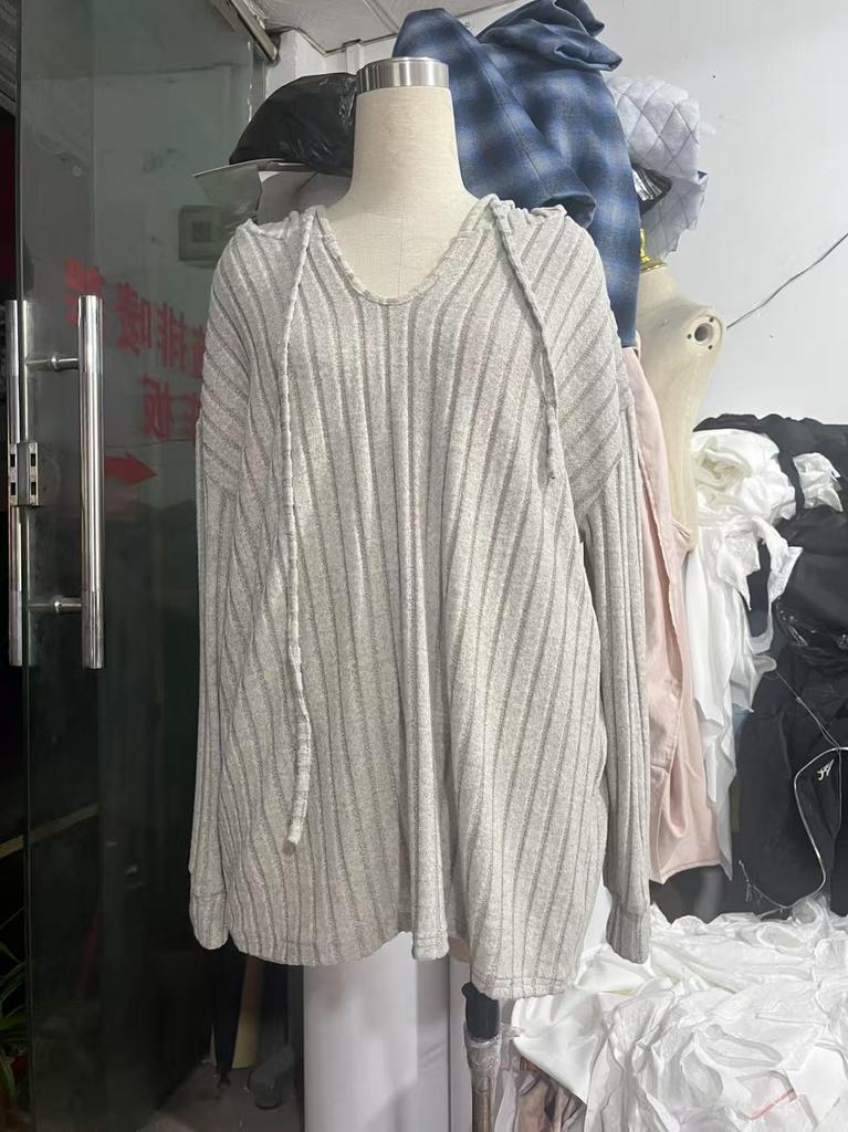 Plus Size Women Ribbed Knit Hooded Top V Neck Drawstring Long Sleeve Loose Casual T Shirt Fall Winter Basic Blouse
