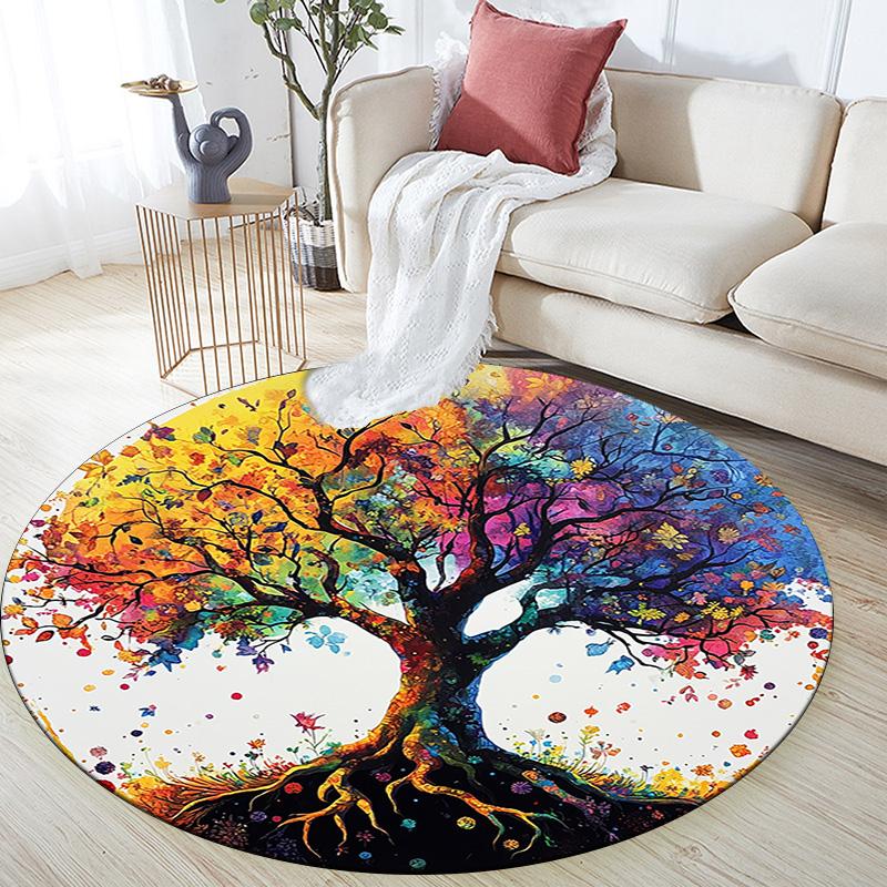Colorful Tree Round Area Rug,Carpet Rug for Living Room Bedroom Sofa Playroom Decor,Non-slip Floor Mat